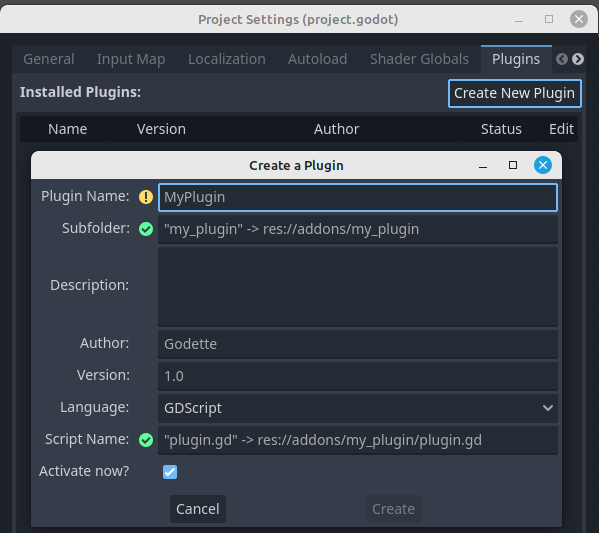 Create a Plugin dialog